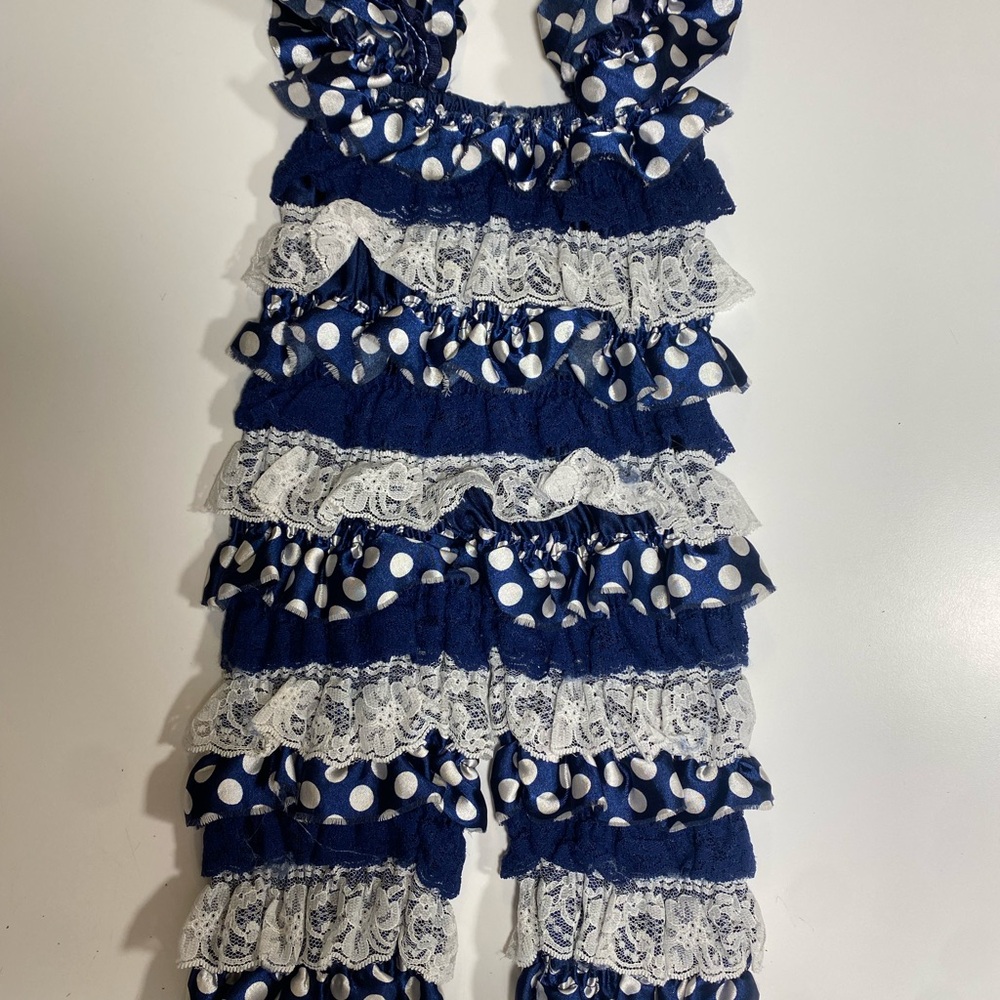 Navy Blue Polka Dot Ruffle Romper